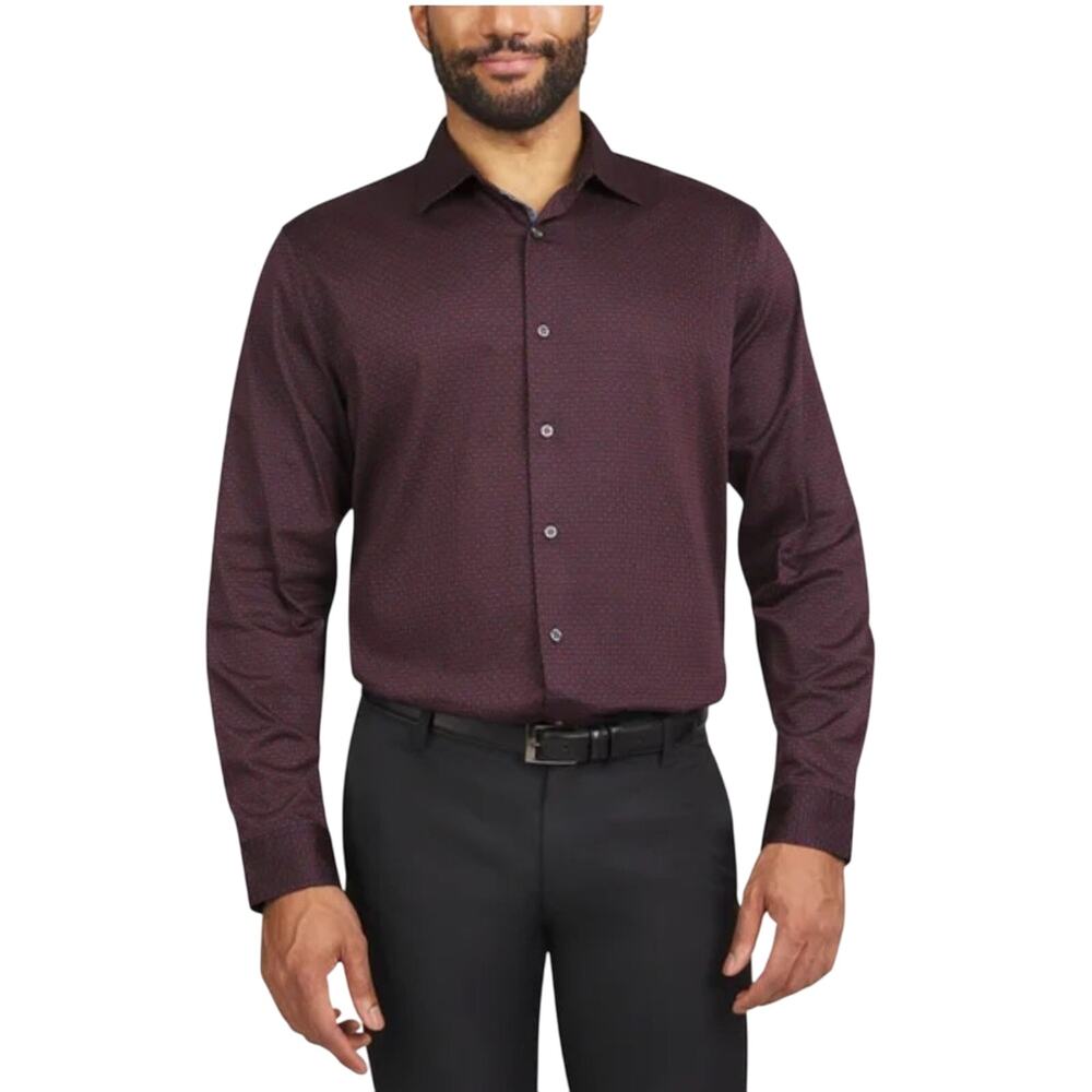 Tahari Men's Luxe Woven Long Sleeve Button Down Dress Shirt Red Navy Size L